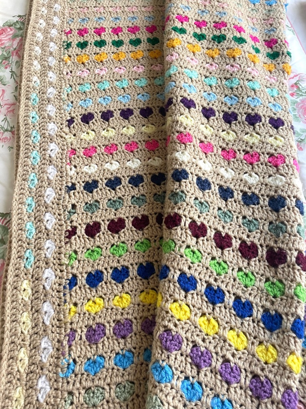 Afghan Blanket w Hearts Multicolored Handmade Crocheted Cottagecore 70x76